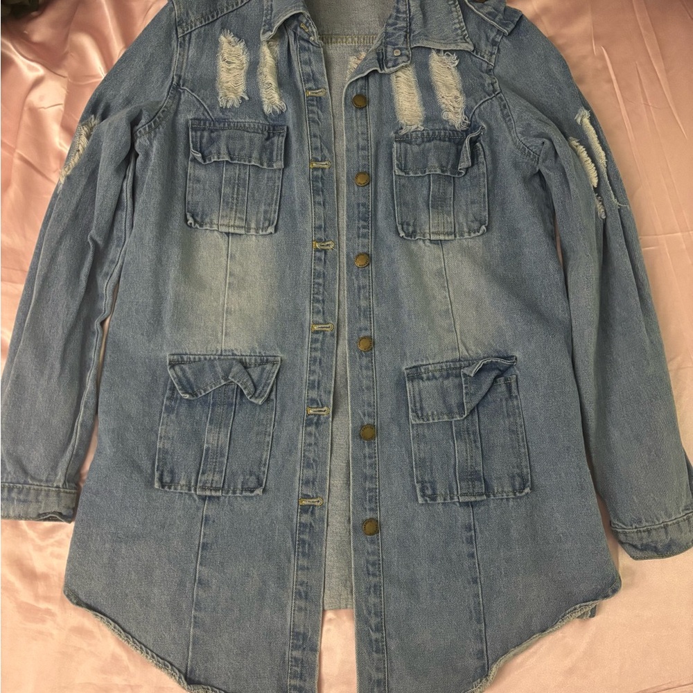 Light Wash Distressed Denim Jacket with Patch Pockets